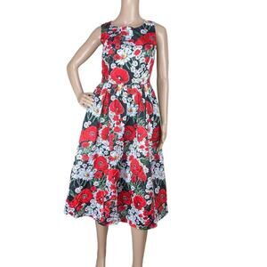 New Women's Red Multi Floral Boat Neck Sleeveless Pleated Retro Dress Size S